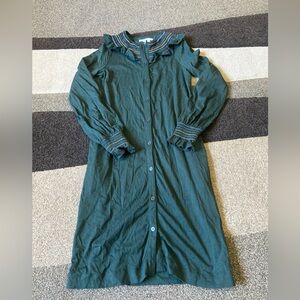 Boden Button Front Stitched Neck, Ruffle Detail Green Dress Sz 6R
